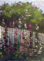 White Fence and Hollyhocks